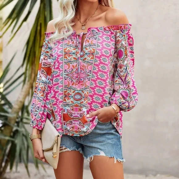 Boho Floral Print Off Shoulder Blouse - Picture 3 of 13